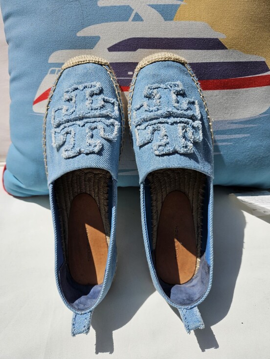 Tory Burch Shoes - Tory Burch Denim Blue Embroidered Double T Logo Espadrilles Size 9